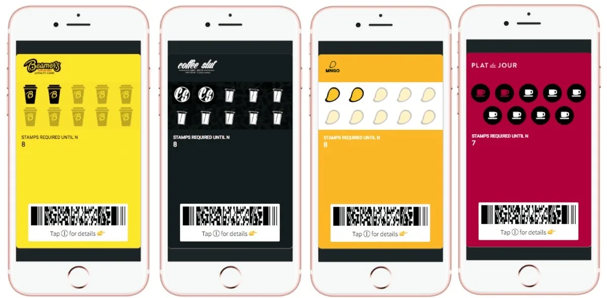 Four digital stamp card designs displayed on smartphones