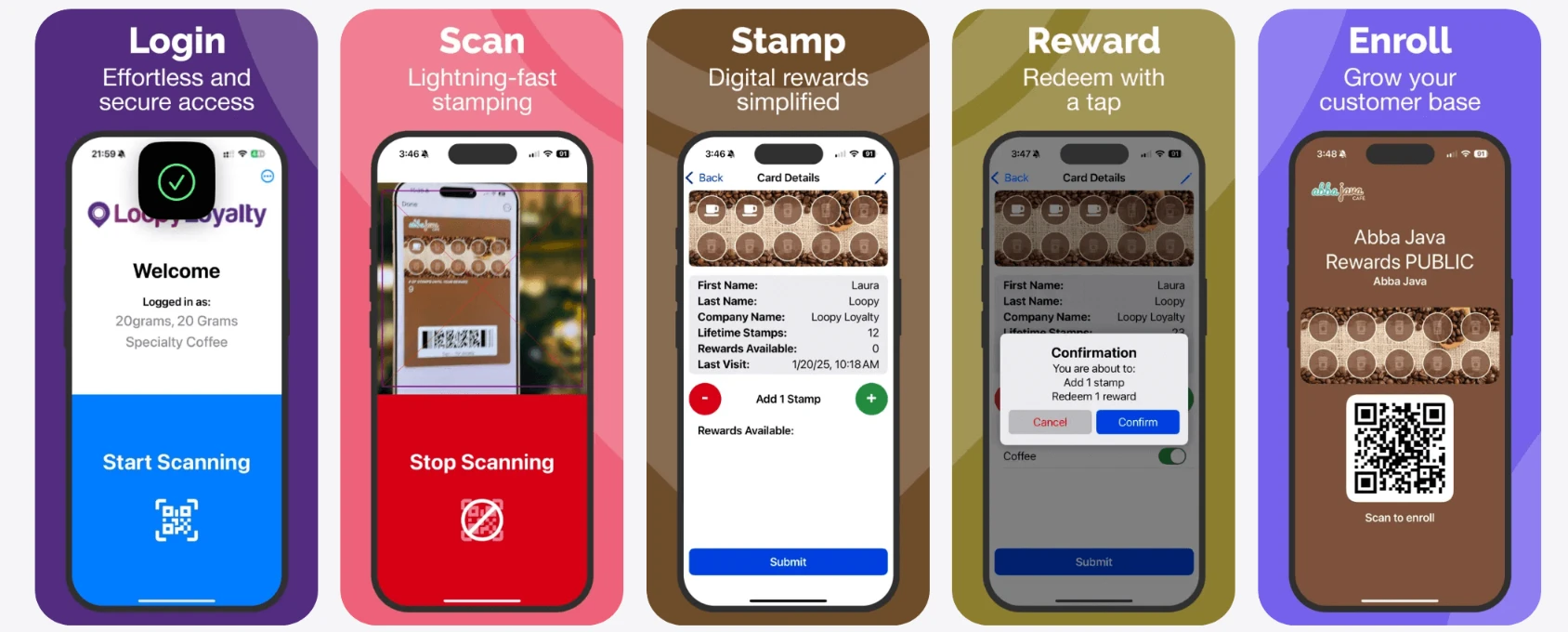 Loopy Loyalty Stamper app screens for login, scanning, stamping, rewards, and enrolment