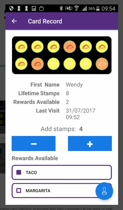 Mobile card record showing stamps and available rewards