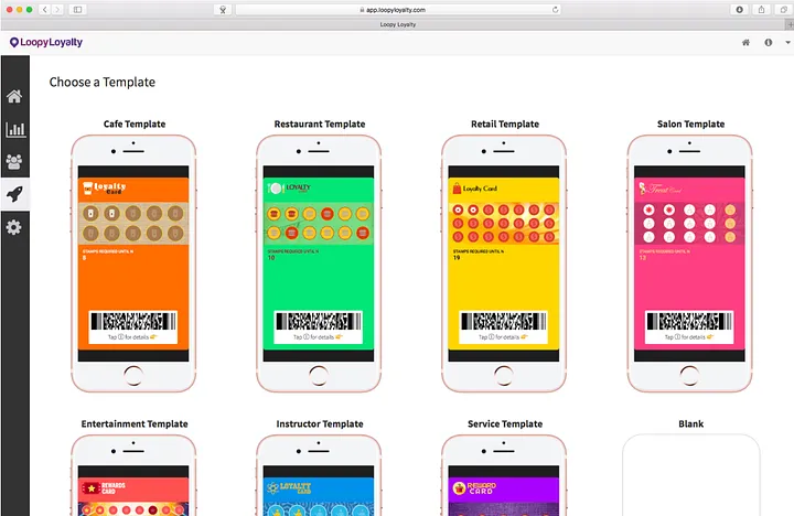 Loopy Loyalty template selection screen with several card designs