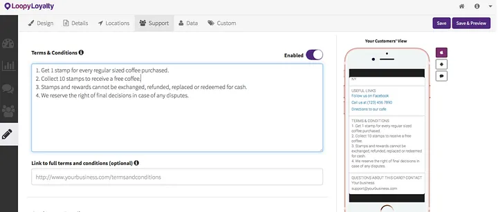 Loopy Loyalty terms and conditions settings with a card preview