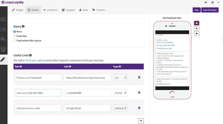 Loopy Loyalty useful-links settings with a mobile card preview