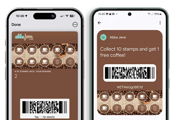 Digital stamp cards displayed on iPhone and Android phones
