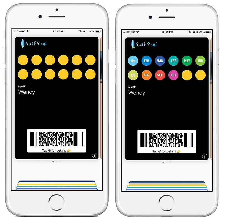 Two black digital stamp cards displayed on smartphones