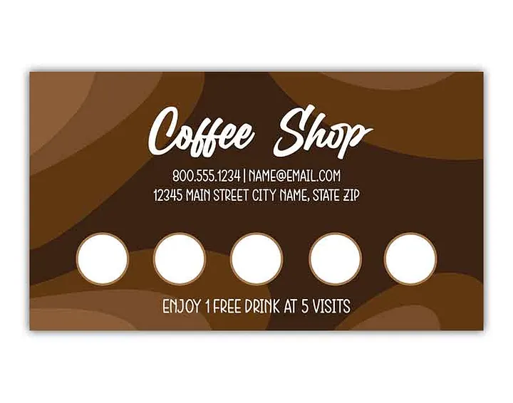 Printed coffee shop punch card with five reward spaces