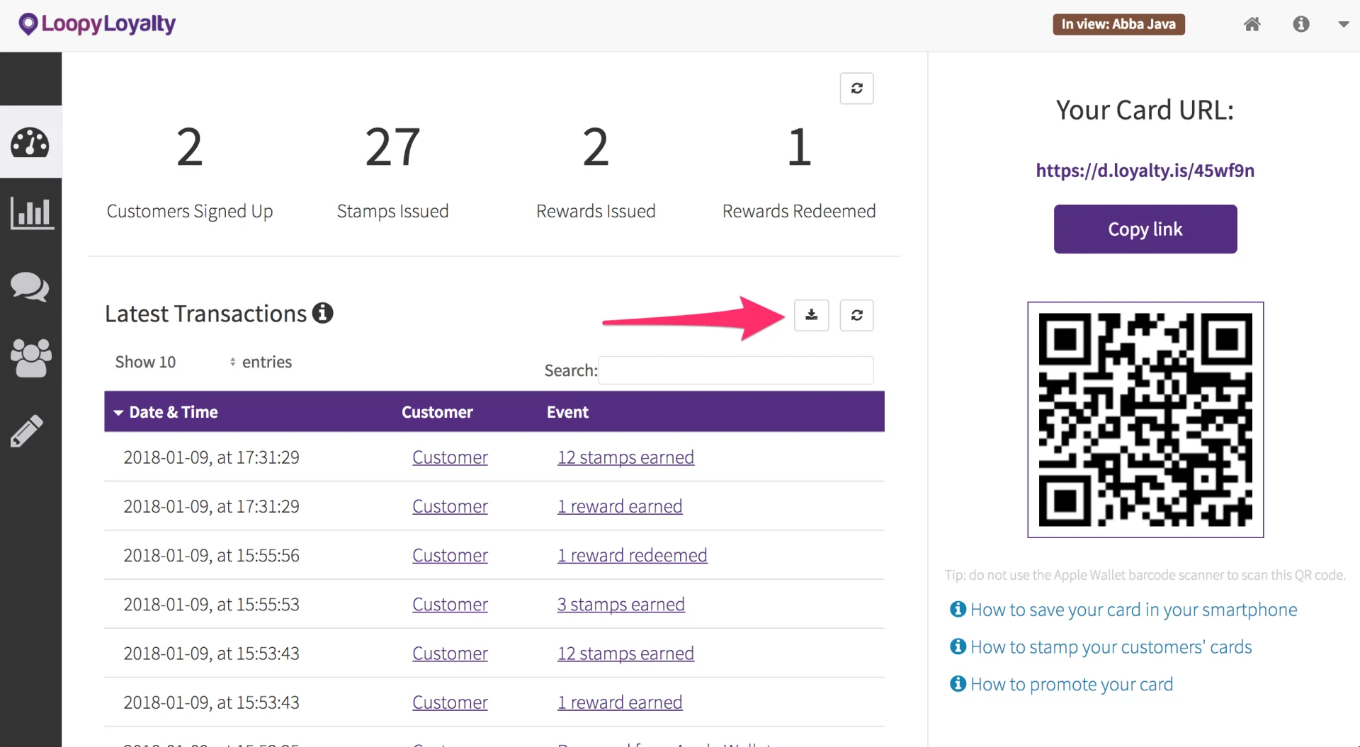 Loopy Loyalty transaction dashboard with export control and customer QR code