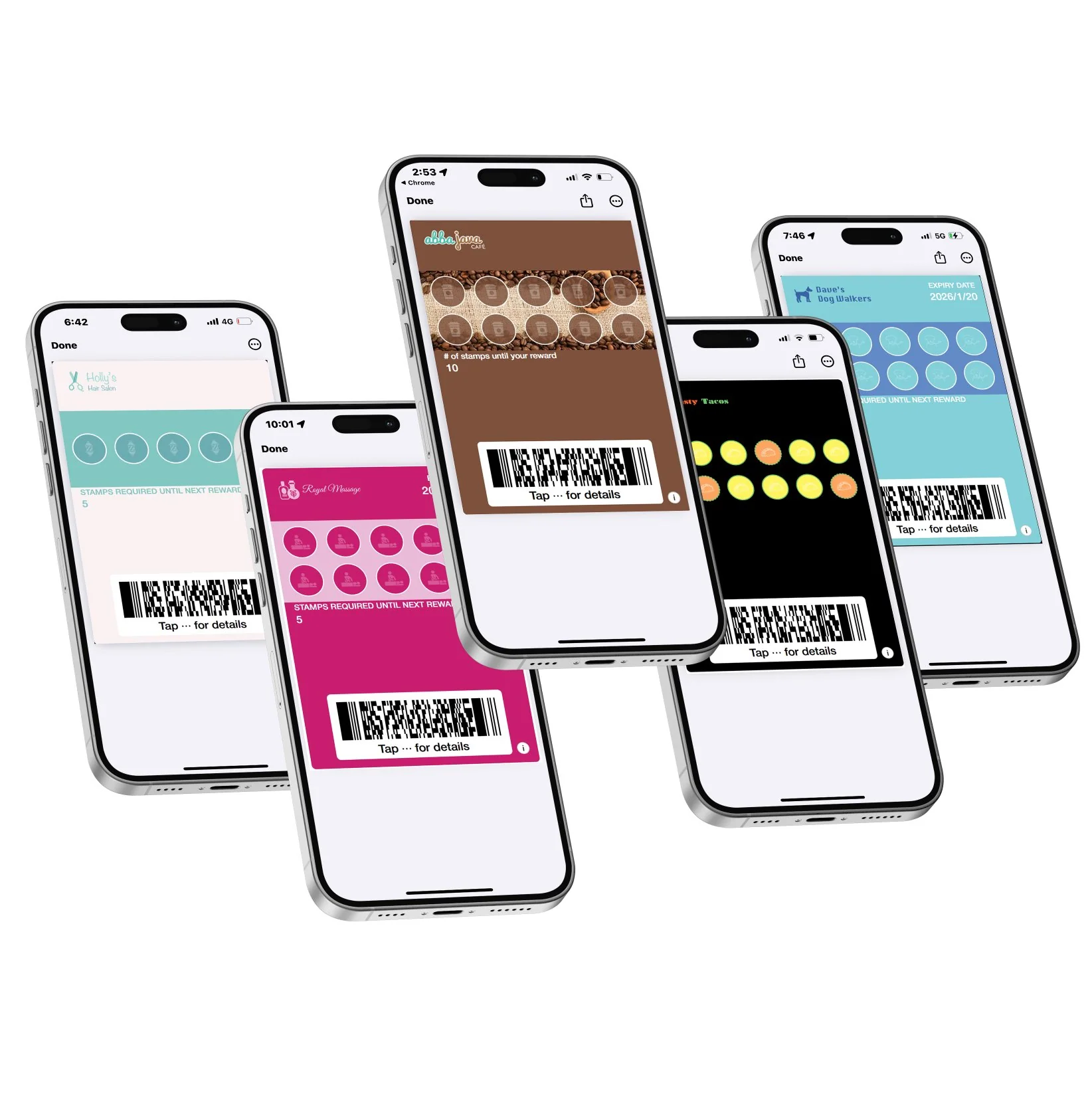 Five mobile digital stamp cards in different business designs