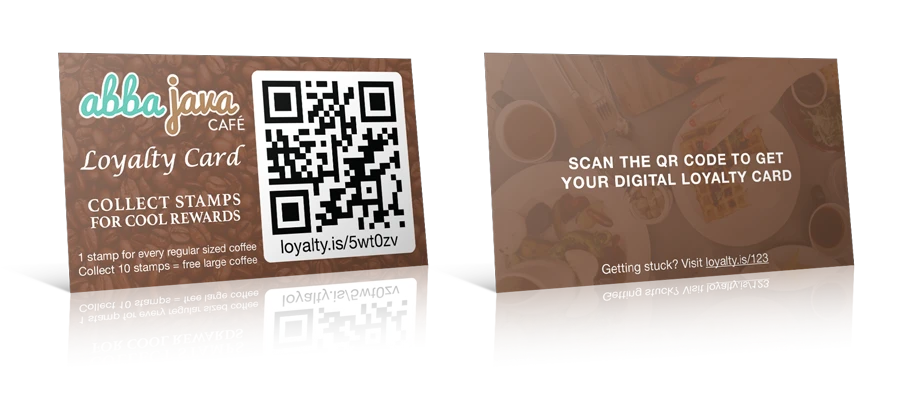 Two QR-code loyalty card signs promoting a digital stamp card