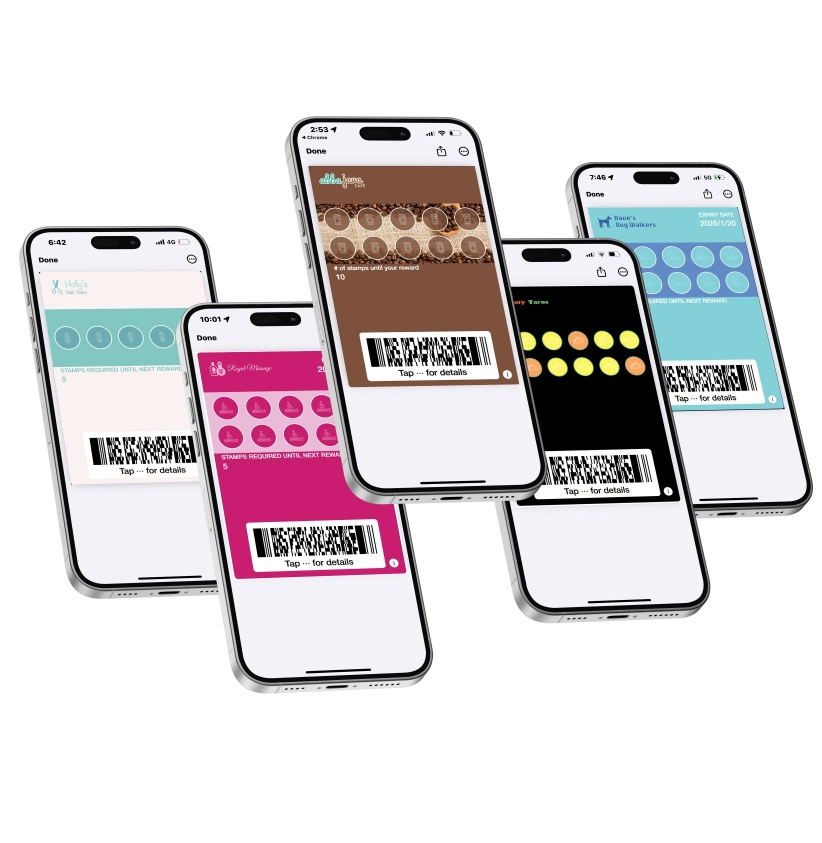 Five digital stamp cards displayed on smartphones