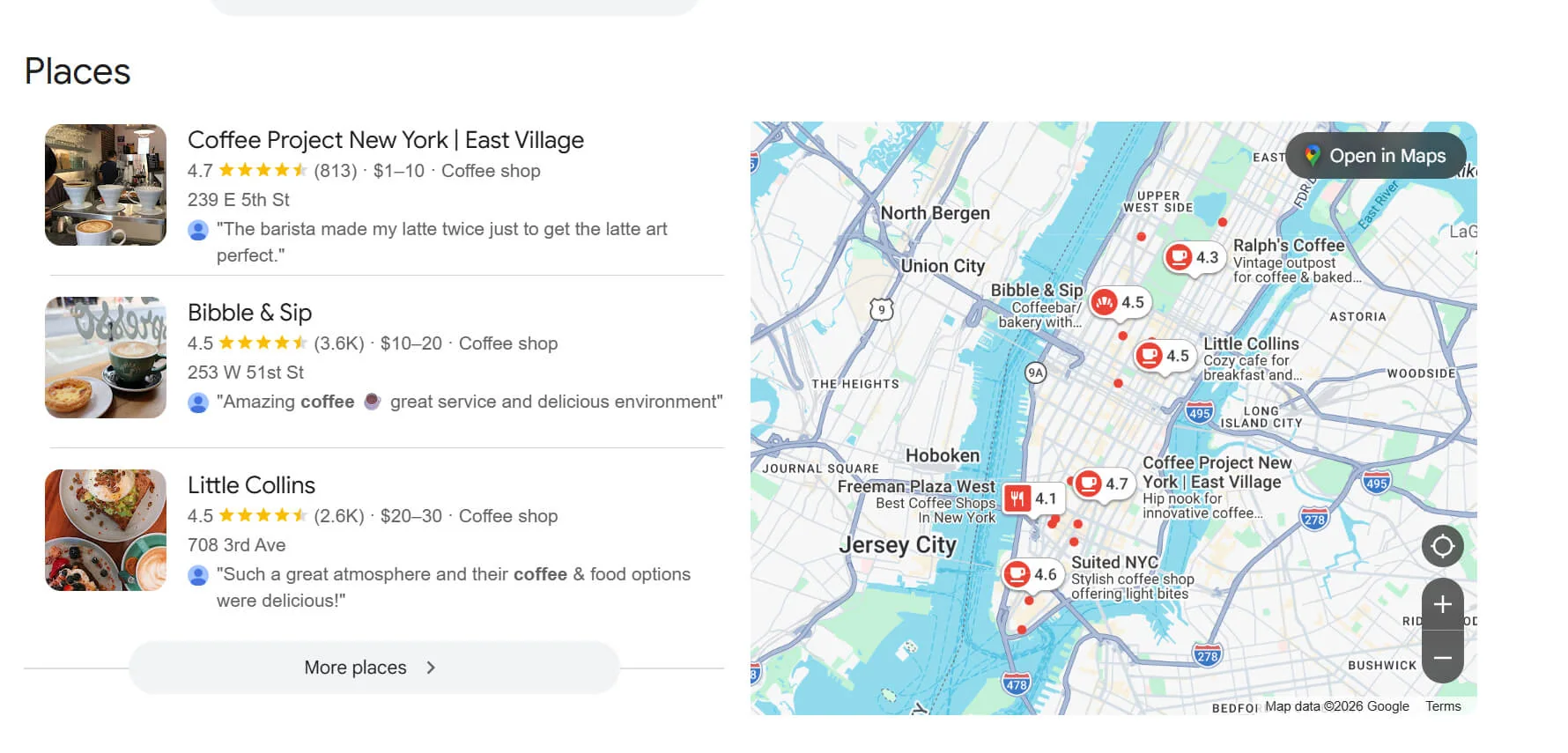Google Maps listings and reviews for coffee shops