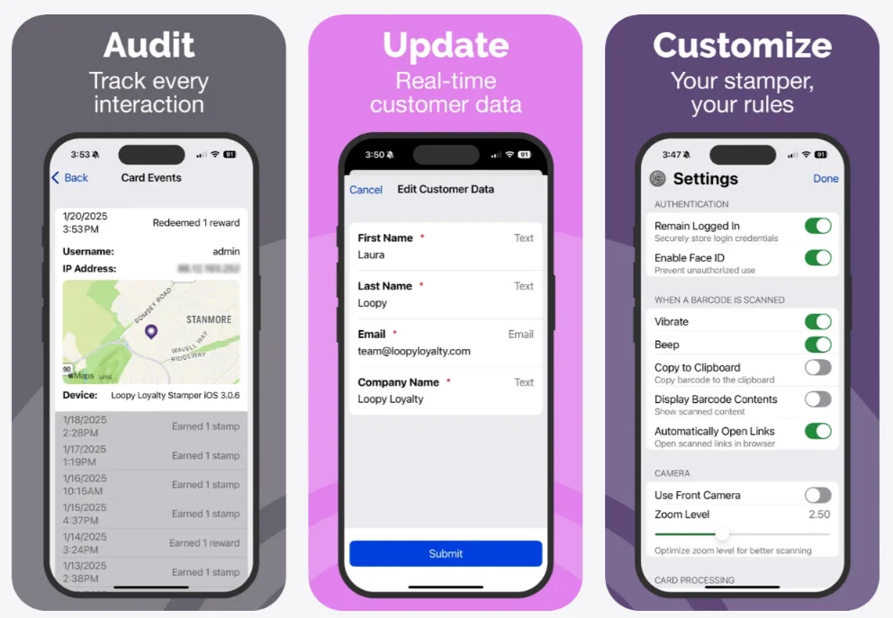 Loopy Loyalty Stamper app audit, customer update, and settings screens