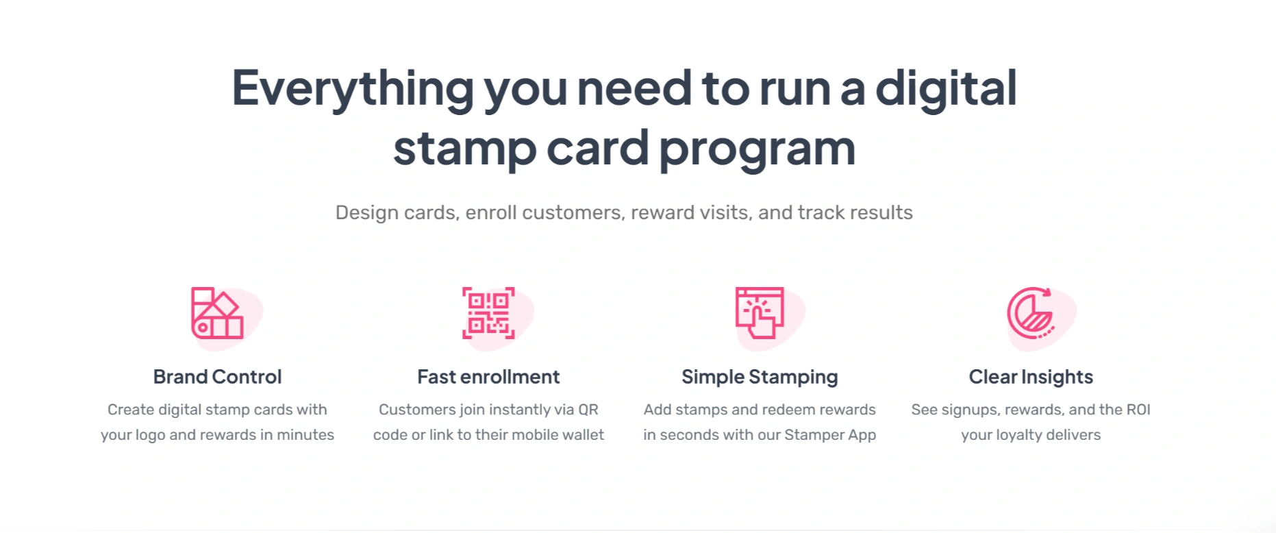 Overview of brand control, enrolment, stamping, and analytics for a digital stamp card program