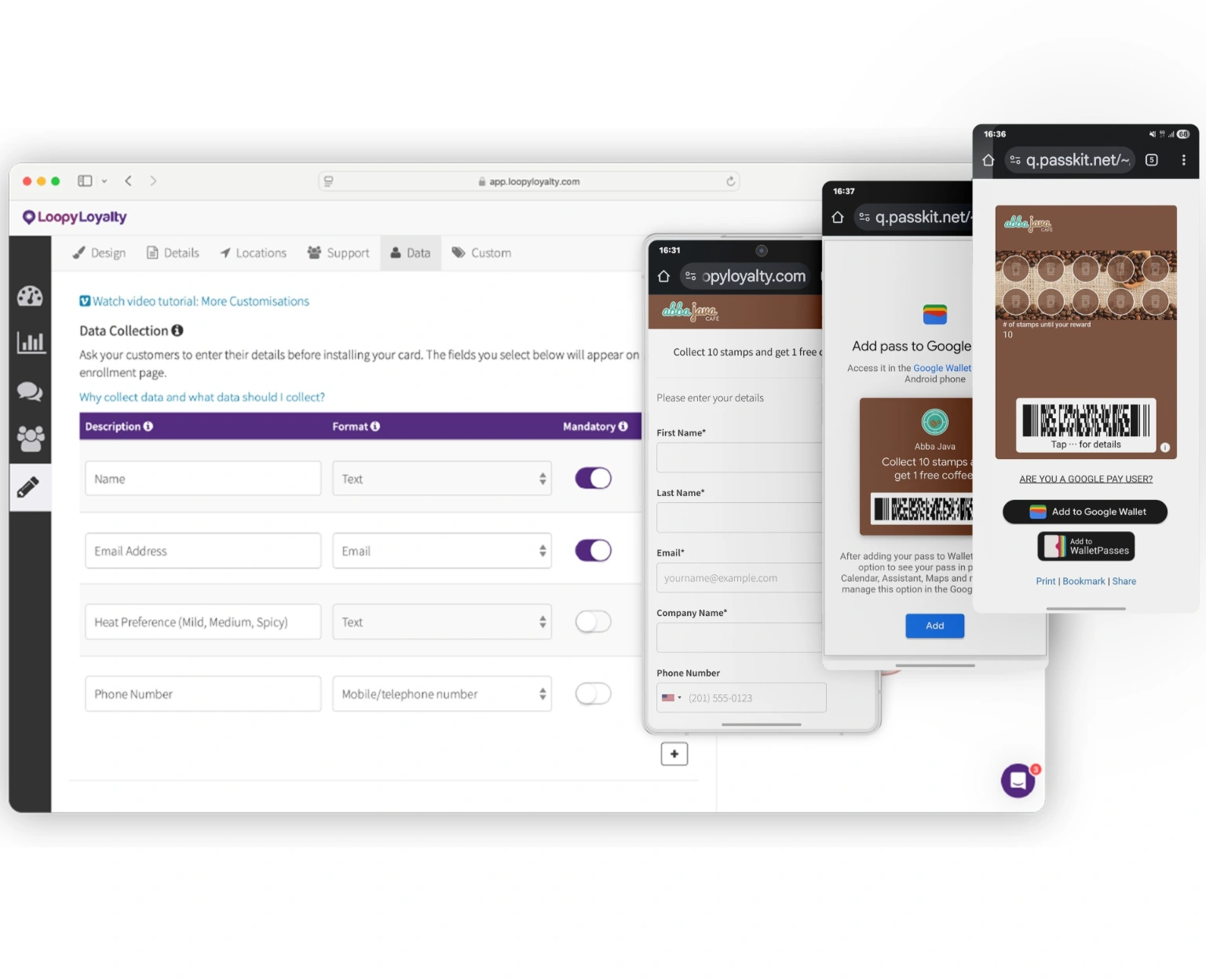 Loopy Loyalty enrolment settings alongside mobile wallet card previews