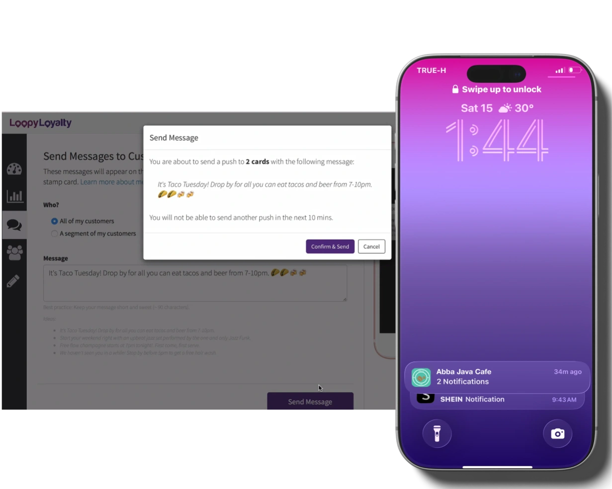 Loyalty message composer and phone notification preview