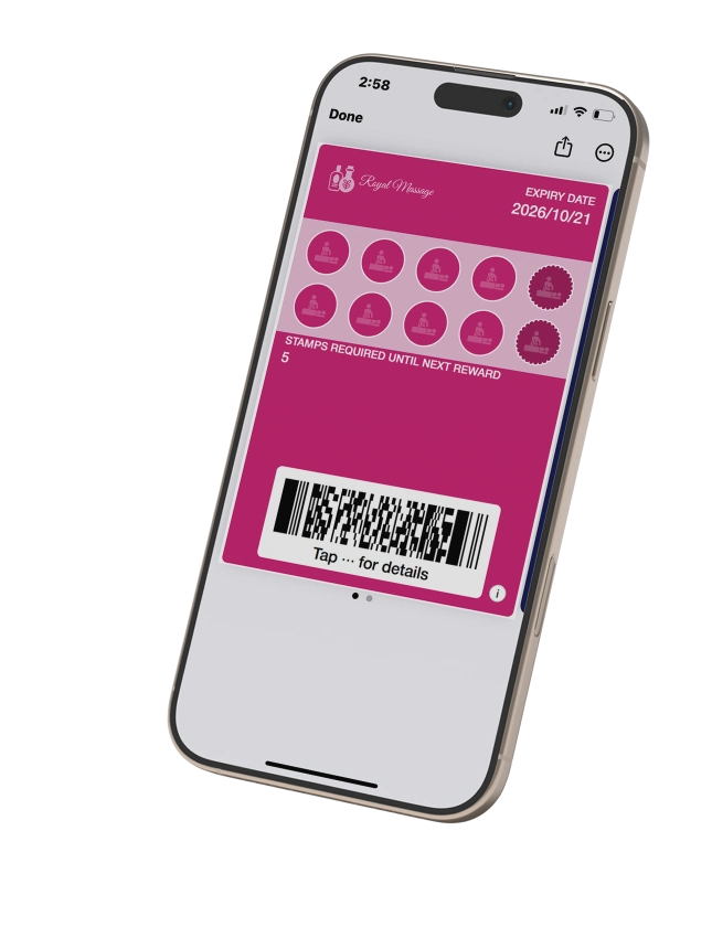 Pink digital stamp card for a massage business on a phone