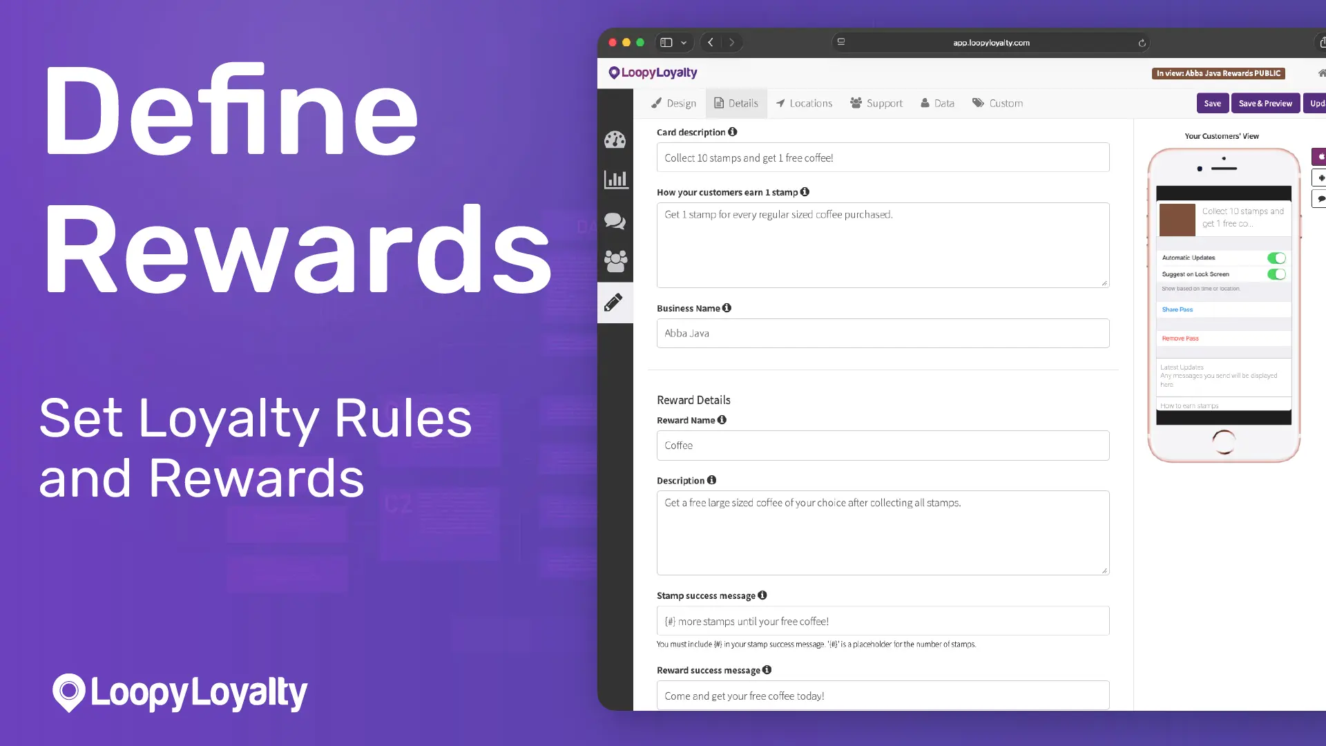 Loopy Loyalty reward settings beside a digital stamp card preview