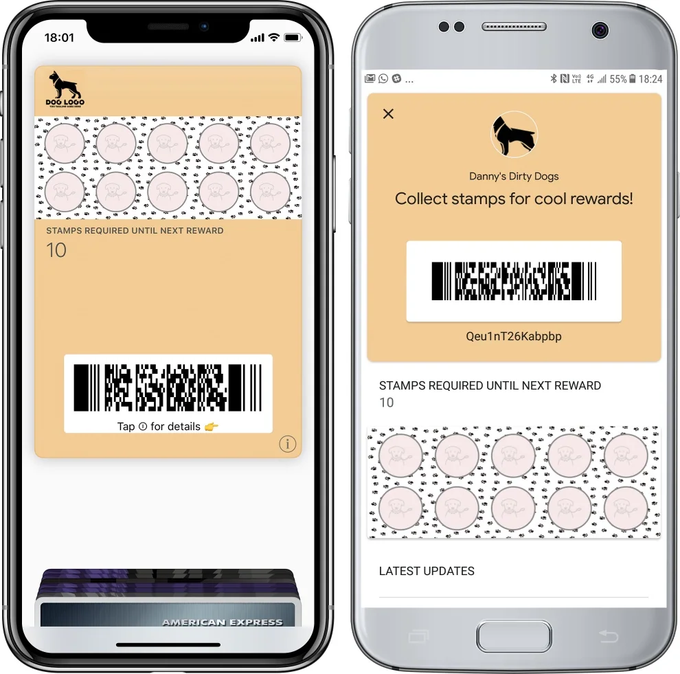 Digital stamp cards for a pet business displayed on two smartphones
