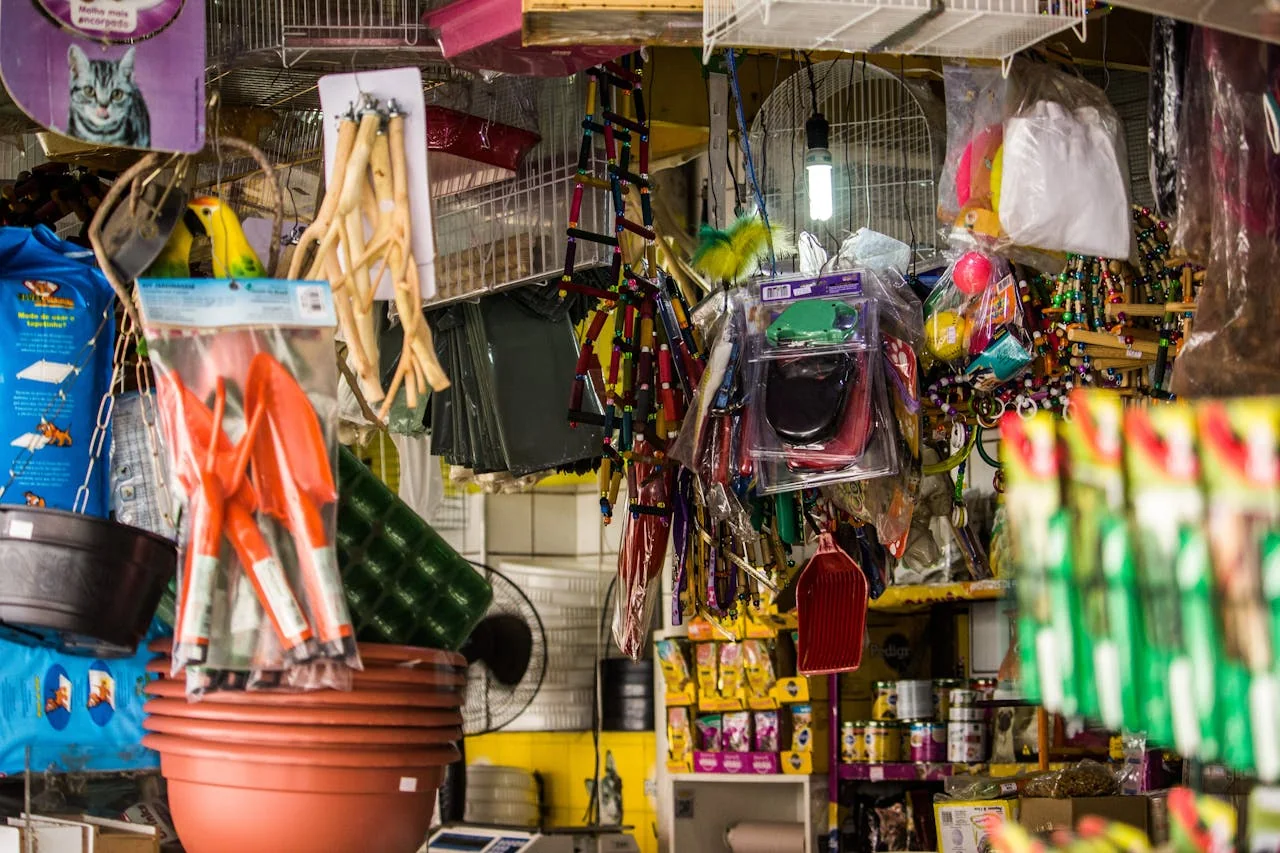Pet accessories and supplies displayed inside a retail store