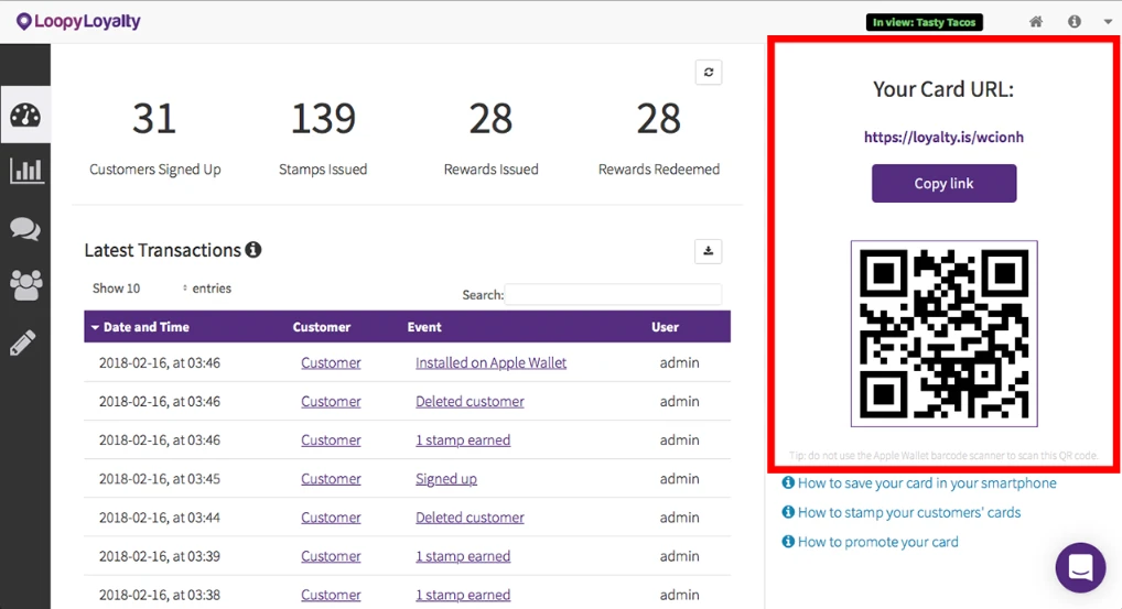 Loopy Loyalty transaction dashboard with an enrolment QR code