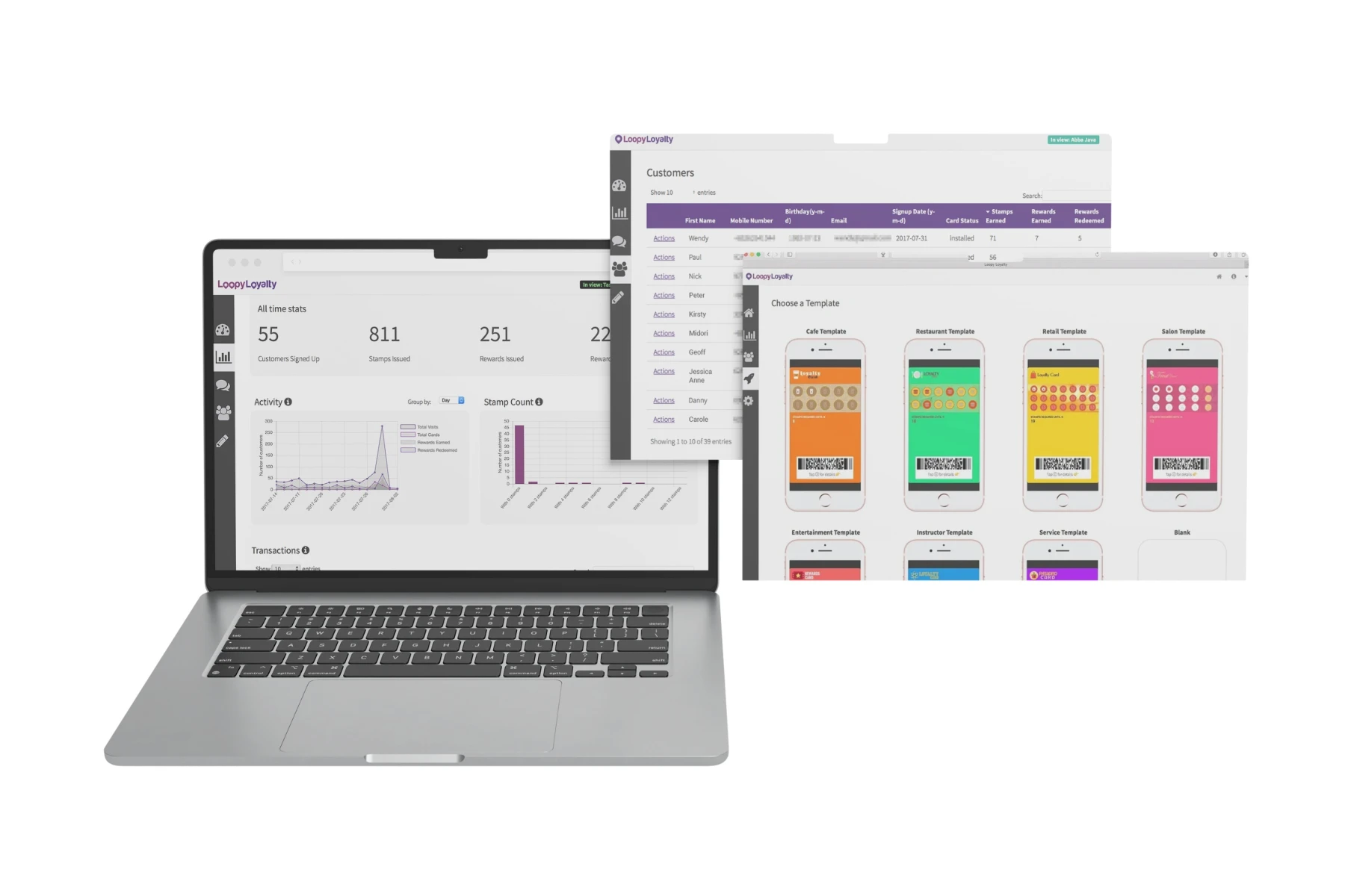 Loopy Loyalty web dashboard with analytics, customers, and card templates