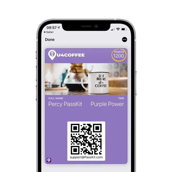 Purple mobile wallet loyalty card with a QR code