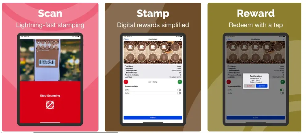 Mobile screens for scanning, stamping, and redeeming a loyalty reward