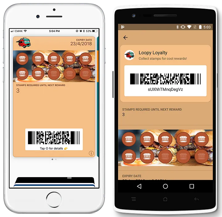 Digital stamp cards displayed on iPhone and Android phones