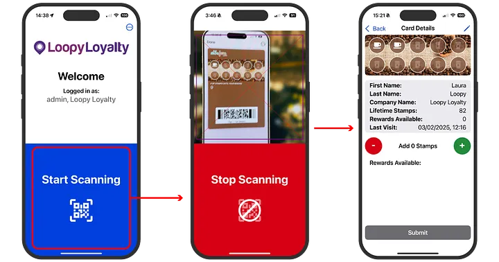 Three-screen workflow for scanning a card and adding a stamp