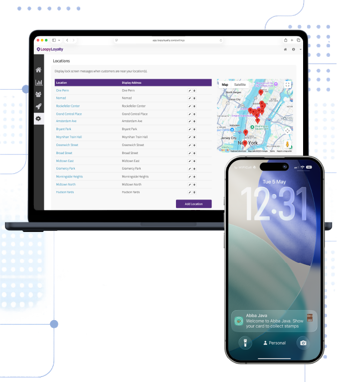 Locations dashboard with a mobile loyalty card