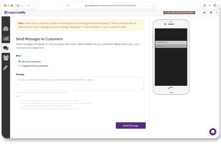 Loopy Loyalty Messaging send to
              all